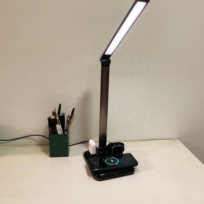 Office Modern LED Desk Lamp With USB 3 In 1 Wireless Charger Dock Qi Fast Charging Station For Smart Phones / Watch / Earbuds