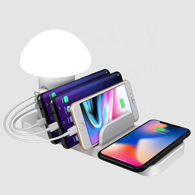 MultiFunction Wireless Charging Station with 3 USB Port QC3.0 Quick Charge Phone Charger Dock and Mushroom Night Lamp Light