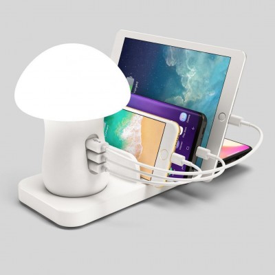 Multiple Function 3 Ports QC3.0 Quick Charge USB Charger Dock with Wireless Charging Pad and Mushroom Night Lamp